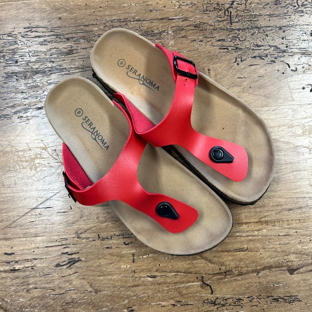 Seranoma Thong Sandals Wms Sz 9M Adjustable Buckle Comfort Slides Red Boho Beach